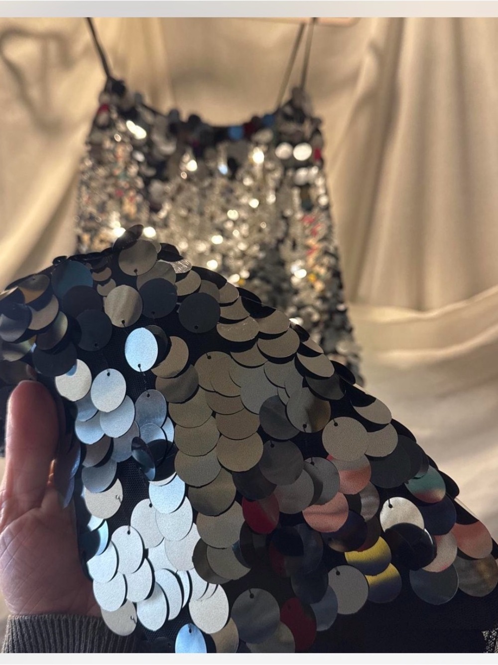 Avec Les Filles Iridescent Silver Sequin mid dress